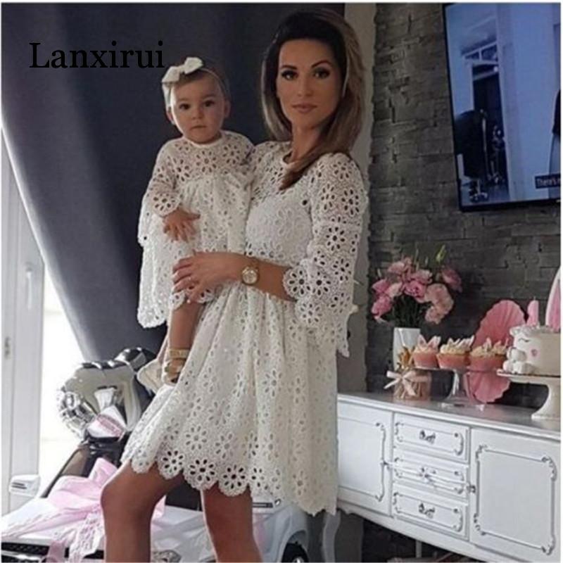 Mother and Daughter White High Waist Lace Floral Hollow Out Dresses Casual Family Matching O Neck Three Quarter Sleeve Sundress - Michelie