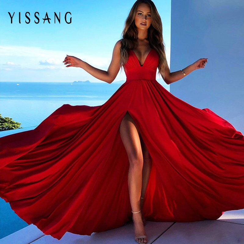 Yissang Sexy Deep V Neck Backless Summer Dress Women Elegant Split Evening Maxi Dress Holiday Long Party Dress Ladies 2019 - Michelie