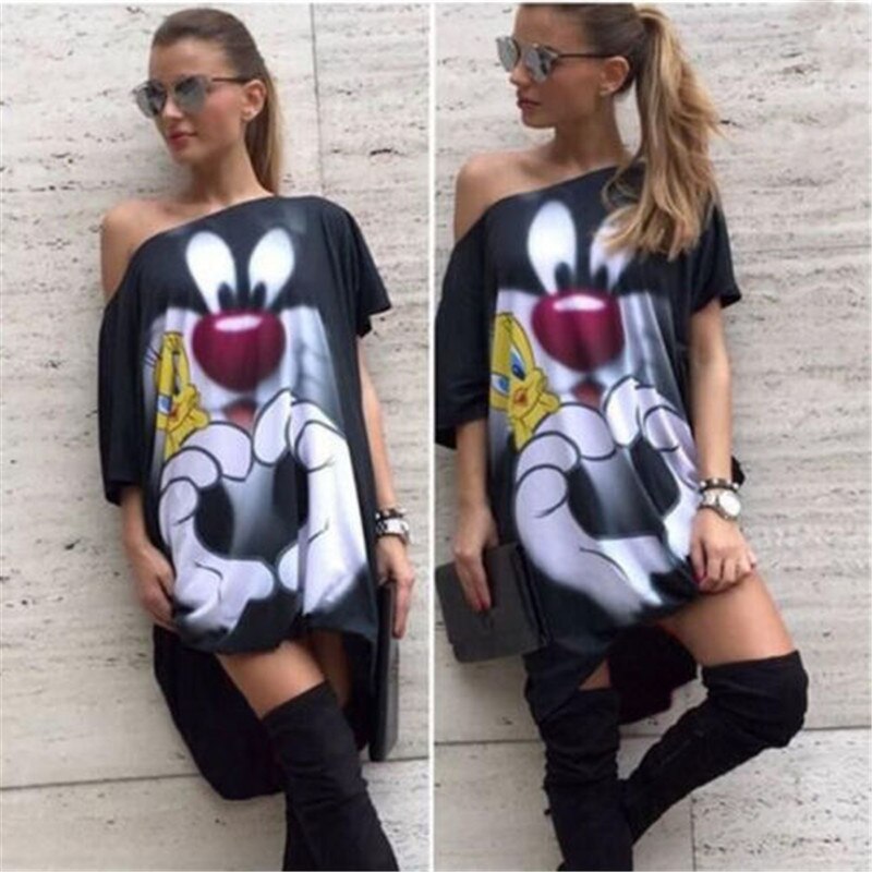 Hot Sale Fashion Summer Women Ladies Off Shoulder Sexy Casual Loose Dress Cartoon Dress Short Sleeve Plus Size Women Sexy Dress - Michelie