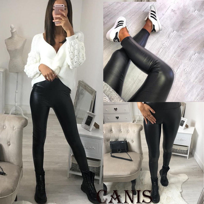 Ladies Stretchy Leggings Pants Leather Leggings Women High Waist Leggings Stretch Slim Black Legging Fashion PU Leather Pants - Michelie