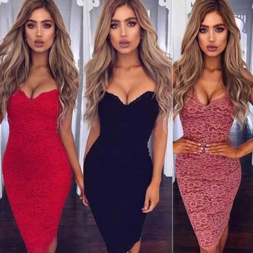 Women Sexy Evening Party Dress V-neck  Bandage Bodycon Dress Summer Skinny Lace  Sleeveless  Strappy Sling Red Dress Outwear - Michelie