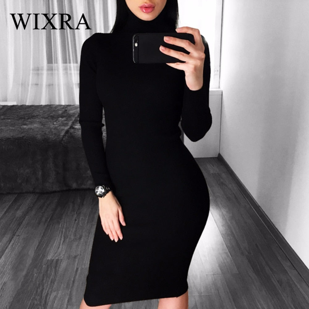 Wixra Warm Women Autumn Winter Sweater Knitted Dresses Slim Elastic Turtleneck Long Sleeve Sexy Lady Bodycon Robe Dresses - Michelie