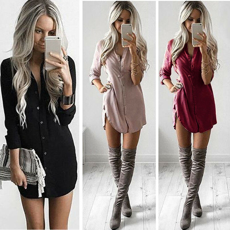 Women Fashion Blouse Shirt Dress Summer Casual Loose Long Sleeve Blouse Tops Casual Blouse Dress - Michelie