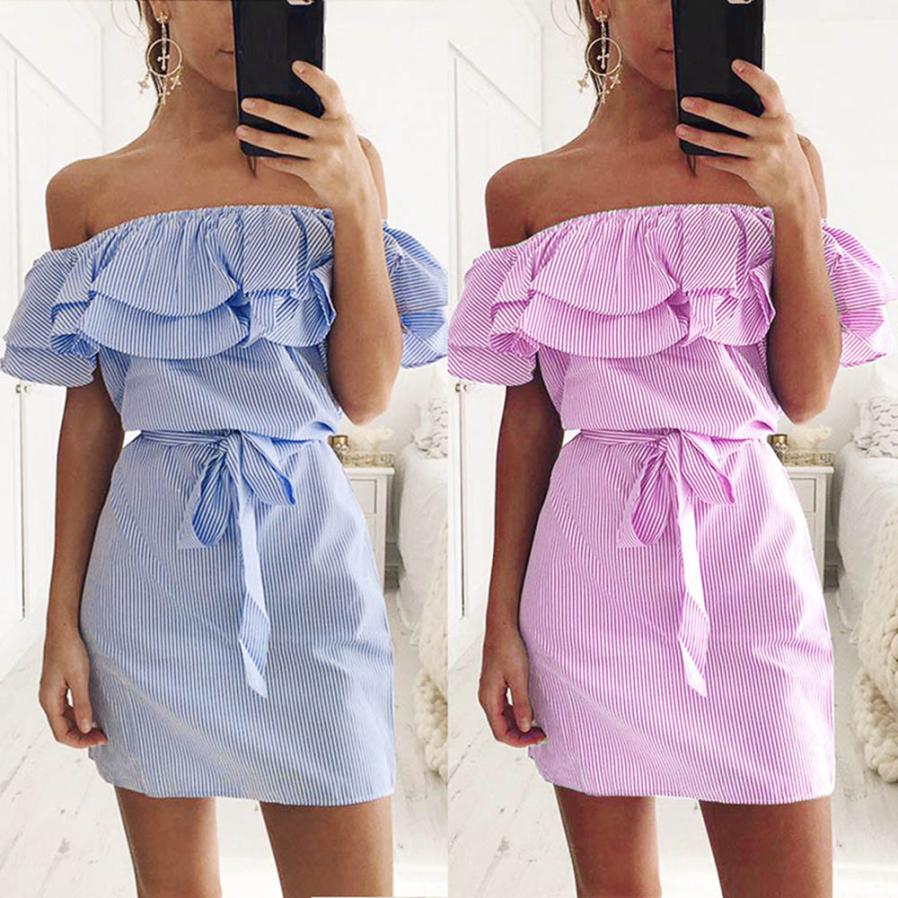 KANCOOLD dress fashion Women Summer Striped Off The Shoulder Ruffle Dress With Belt party Casual dress women 2018jul20 - Michelie