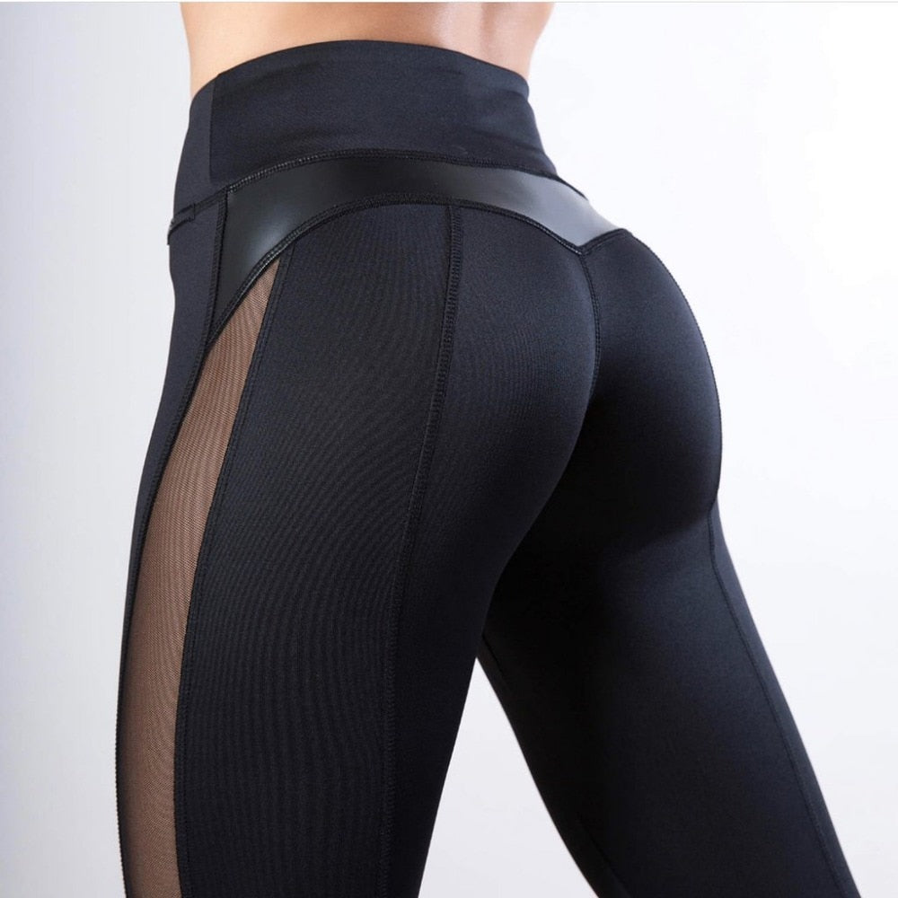 Sexy Mesh Leather Patchwork Black Leggings Women High Waist Fitness Push Up Hiking Legging Pants Jogging Femme - Michelie