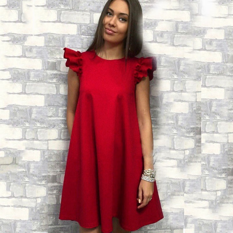 Plain Dress Fashion Wrinkled Solid Color Dress Ruffled Sleeve O-Neck Summer Dress Women Slim A-Line Dress - Michelie