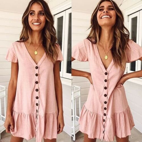 Women Ladies Fashion V-Neck Cascading Ruffle Short Dress Holiday Beach Casual Loose Button Sundress Sweet Girl Solid Mini Dress - Michelie