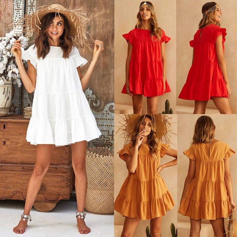 Casual Summer Mini Dresses Solid Yellow White Red Ruffle Short Sleeve Beach Dresses For Women Loose Pleated Dress Lady Sundress - Michelie