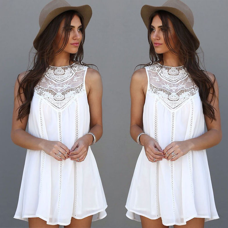 2019 Women Casual Sundress Lace Sleeveless Summer Dress Ladies Loose Beach BOHO Short Mini Hollow Out White Party Dress Dropship - Michelie