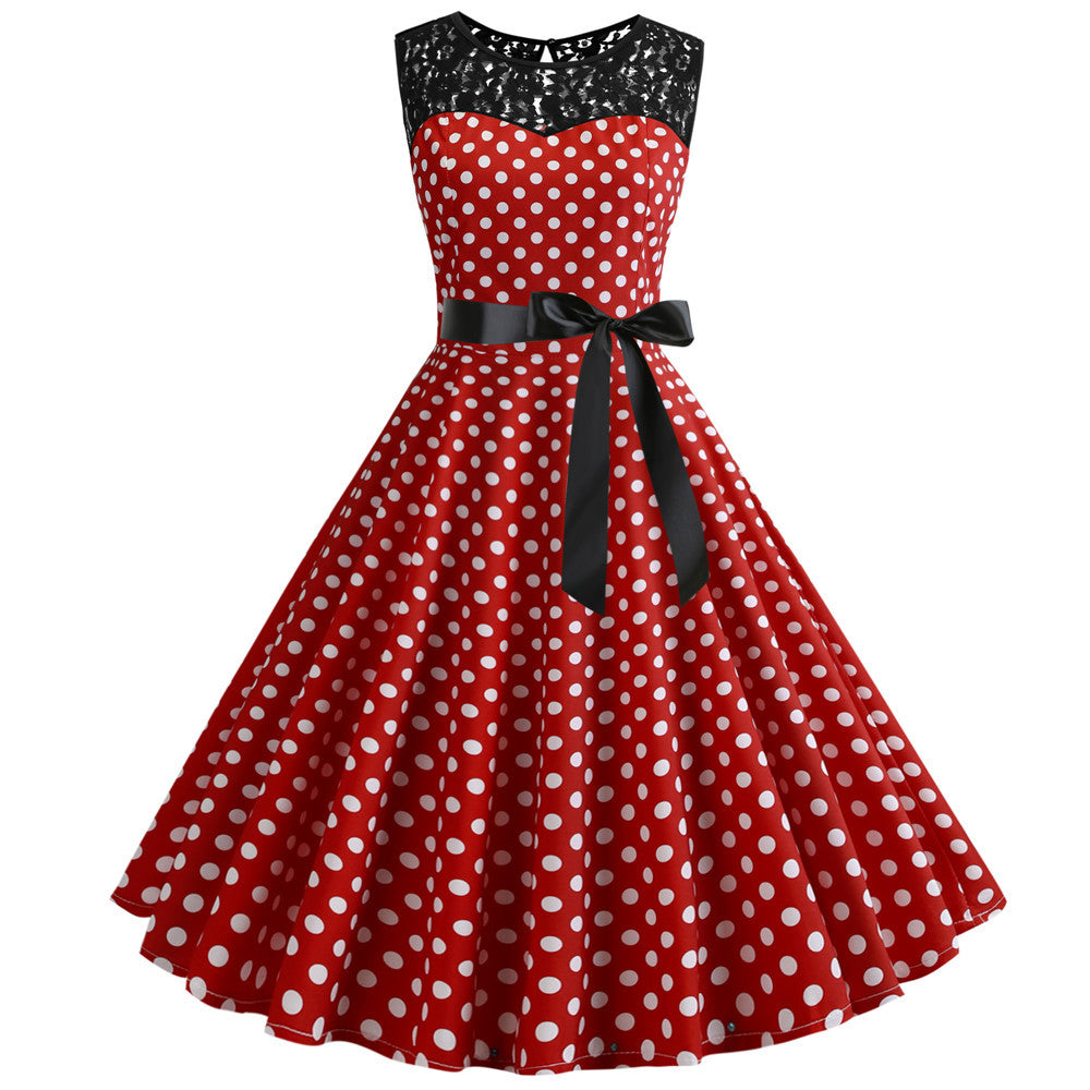 2019 Summer Women Lace Vintage Dress Red Polka Dot Swing Retro Robe Party Dresses 50s 60s Rockabilly Pin Up Dress Vestidos - Michelie