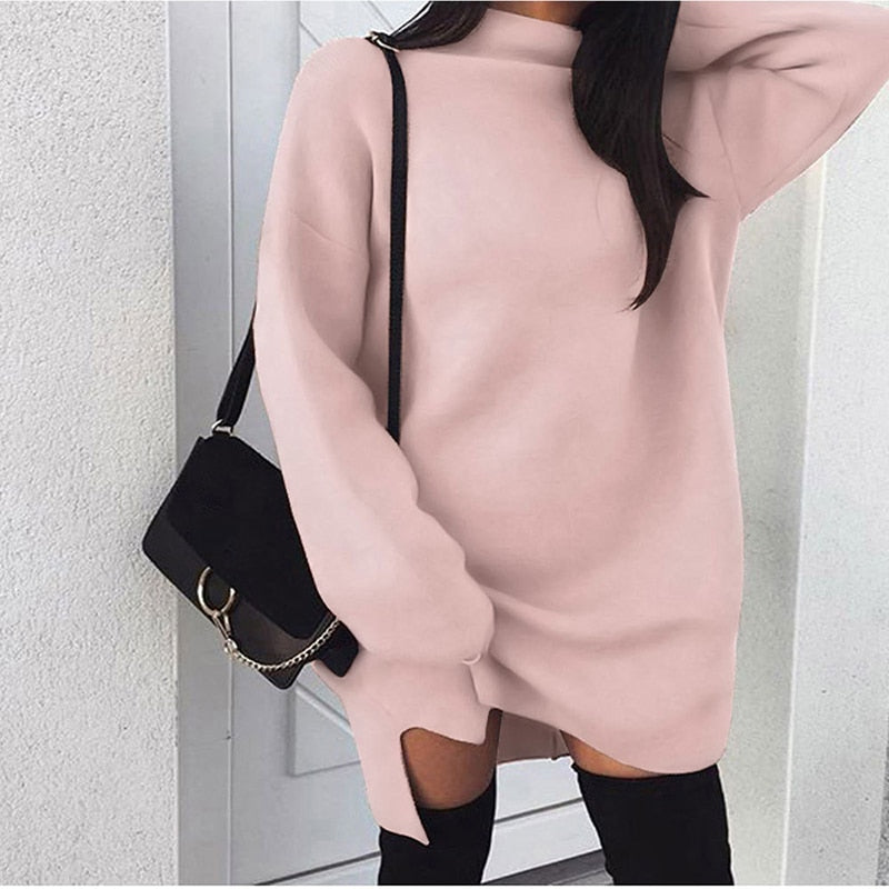 Fanco  Winter Long Sleeve Women Sweater Dress Fashion Turtleneck Knitted Dresses Casual Plus Size Mini Dress - Michelie