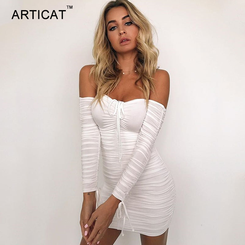 Articat Women Autumn Winter Bandage Dress Women 2018 Sexy Off Shoulder Long Sleeve Slim Elastic Bodycon Party Dresses Vestidos - Michelie