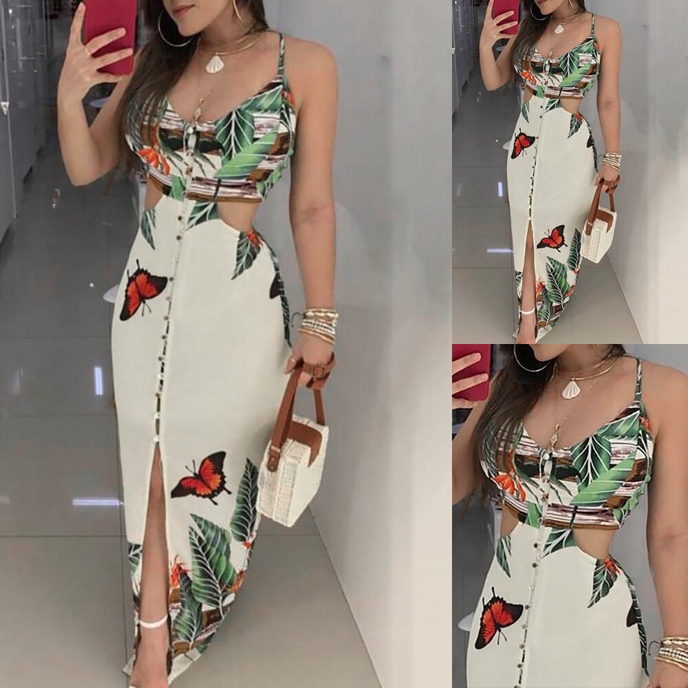 2019 Women Sex Hollow Out Butterfly Printed Long Dresses Women Fashion Clubwear Strap Bodycon Printed Beach Sundress Vestidos - Michelie