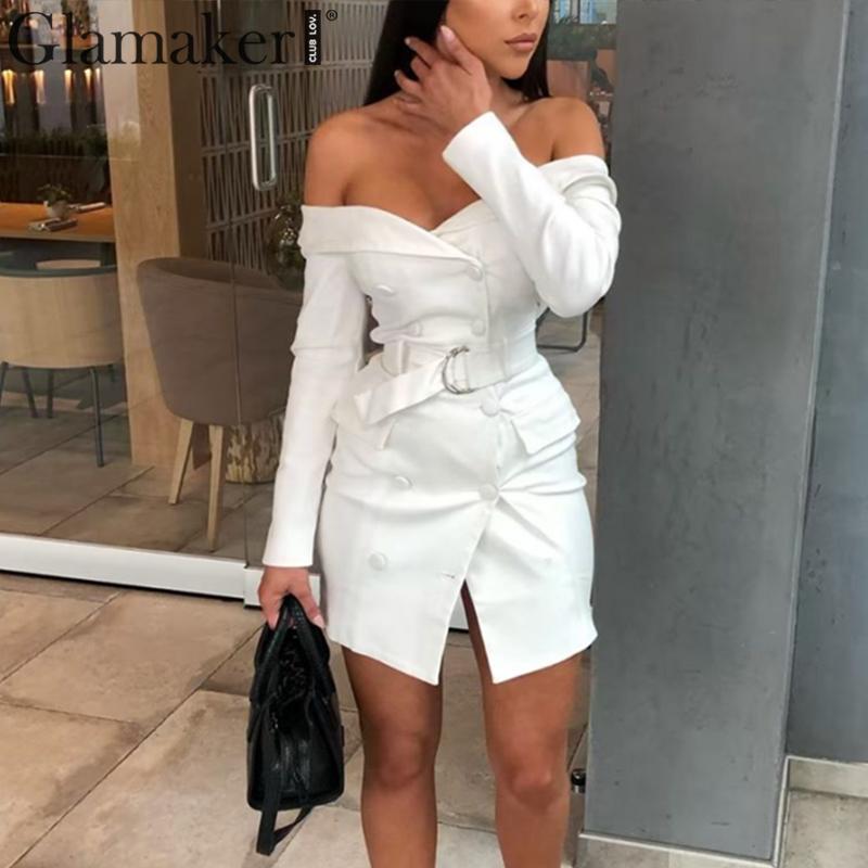 Glamaker Off shoulder white sexy blazer dress Women long sleeve high waist bodycon dress Female fashion wrap autumn party dress - Michelie