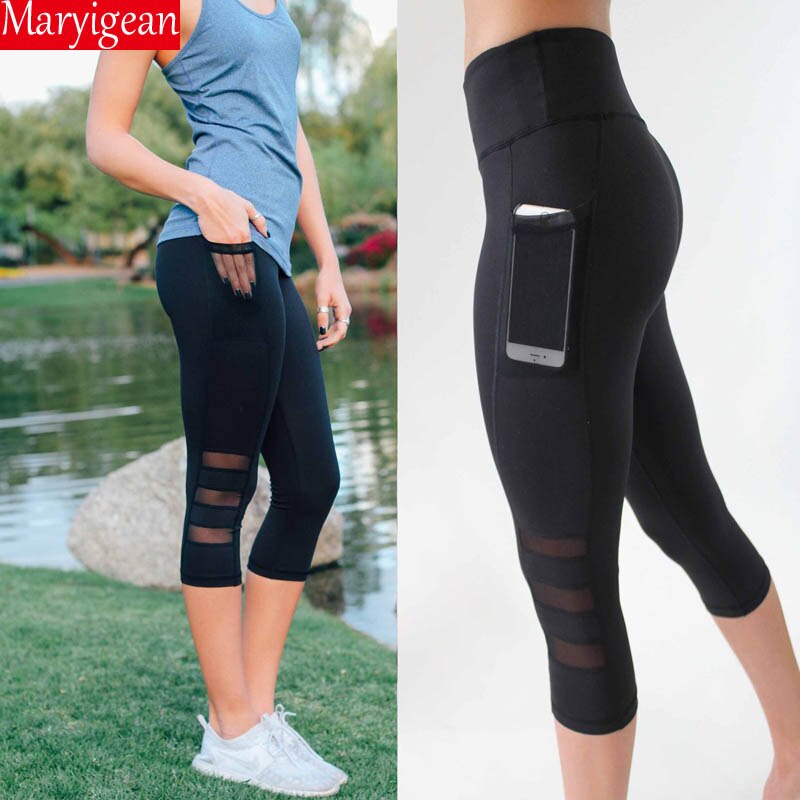 Maryigean Women Legging Patchwork Mesh Black Capri Leggings Plus Size Sexy Fitness Sporting Pants with Pocket Mid-Calf Trousers - Michelie