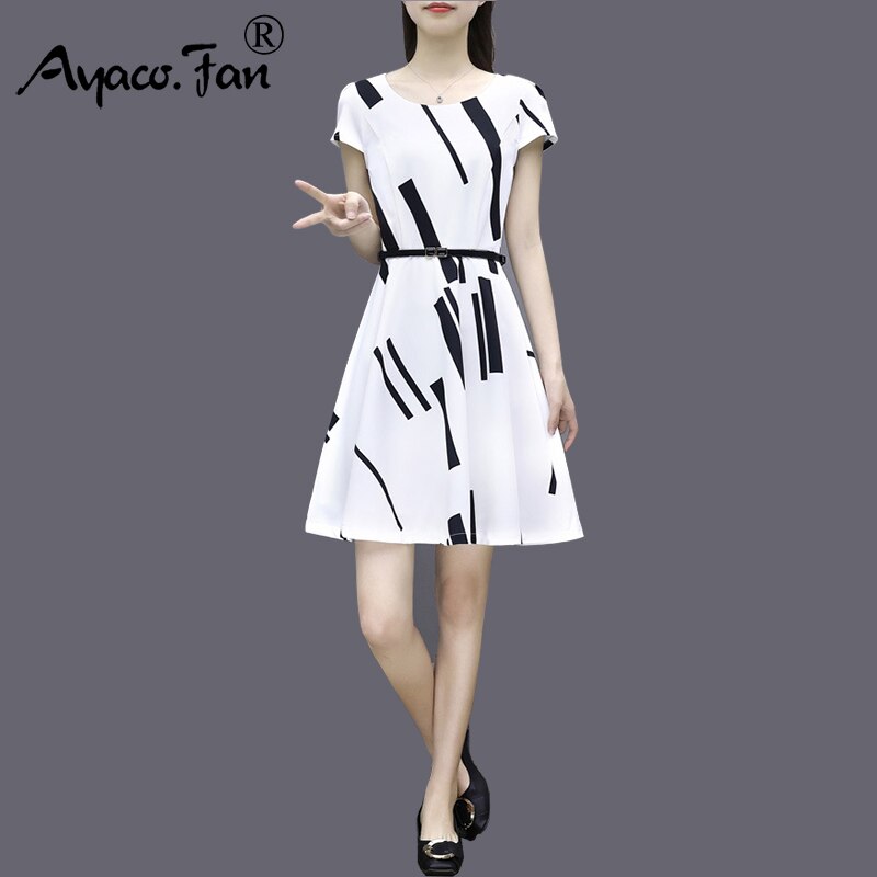 Plus Size Summer Dress 2019 New Elegant O-Neck Print White Women Dresses Casual Lady Slim Party A-Line Dress Female Sundress - Michelie