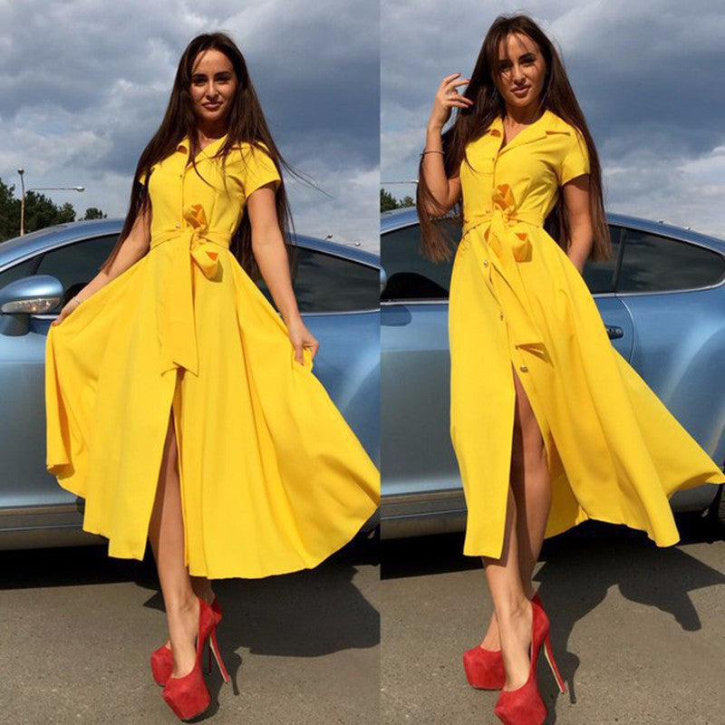 BEFORW 2019 Women Elegant Summer Midi Dress Short Sleeve Turn Down Collar Office Pink Yellow Dresses Casual Party Dress - Michelie