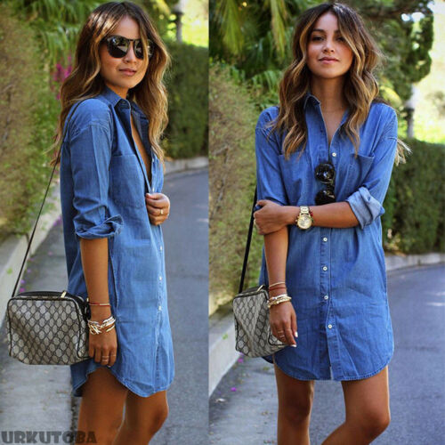 Autumn Fashion Women Denim Turn Down Collar Mini Dress Lapel Long Tops Shirt Ladies Long Sleeve Holiday Mini Dress S-2XL - Michelie