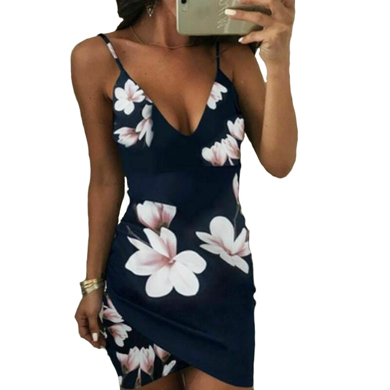 Women Summer Boho Floral Strappy Short  Mini Dress Evening Party Beach Dress Sundress - Michelie