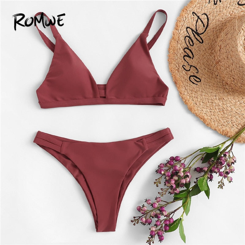 Romwe Sport Cut Out V Neck Triangle Bikini Set With Ruched Bikini Bottoms Summer Beach Solid Swimming Suit For Women Swimwear - Michelie