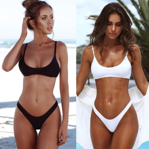 Bikini 2019 Women Sexy Thong Bikinis Set Girls Solid Beachwear Female Bathing Suit Black White Swimming Suit Biquini - Michelie