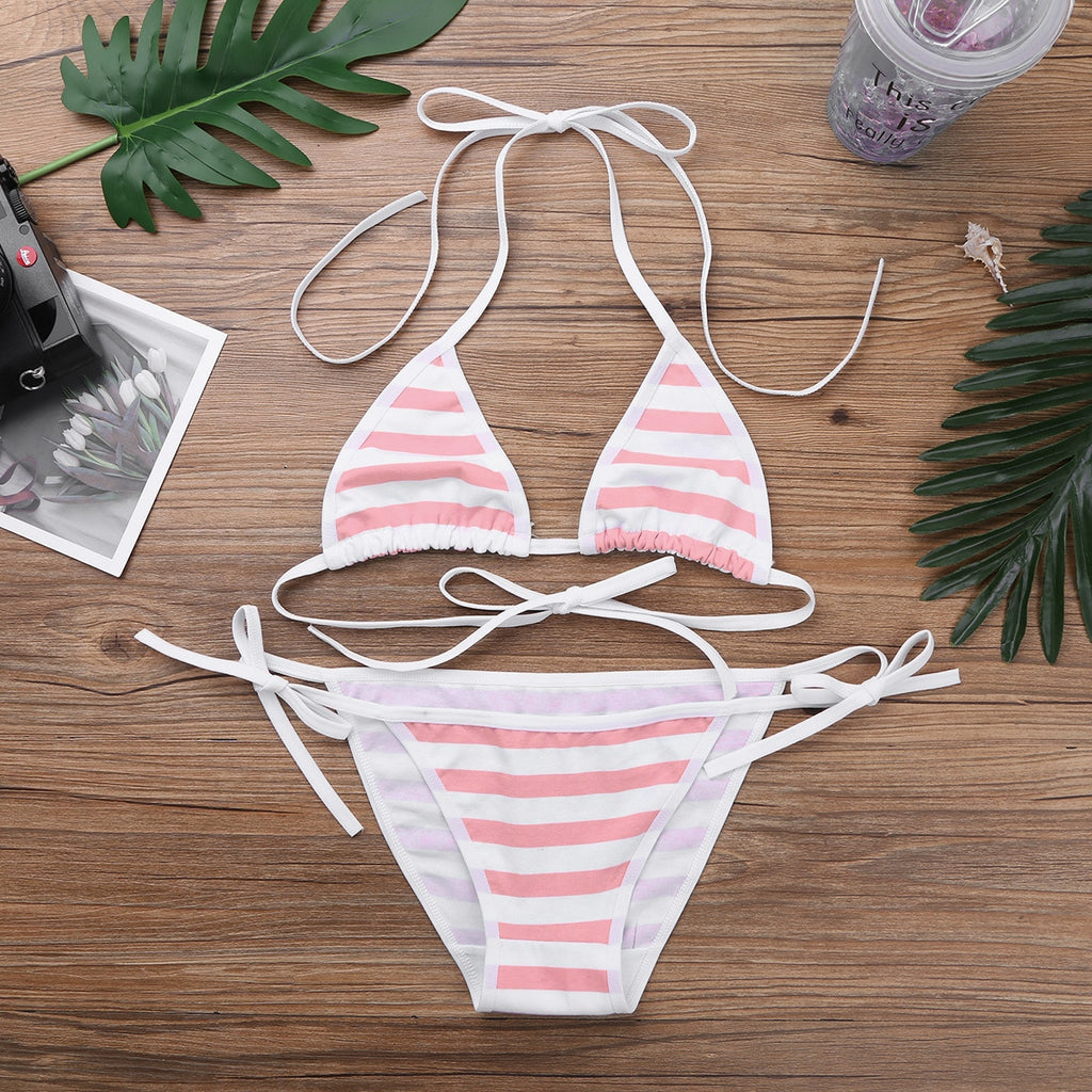 TiaoBug Women Cute Kawaii Japanese Style Stripe Cotton Strappy Bra Top Briefs Bikini Set Lingerie Fancy Party Beach Underwear - Michelie