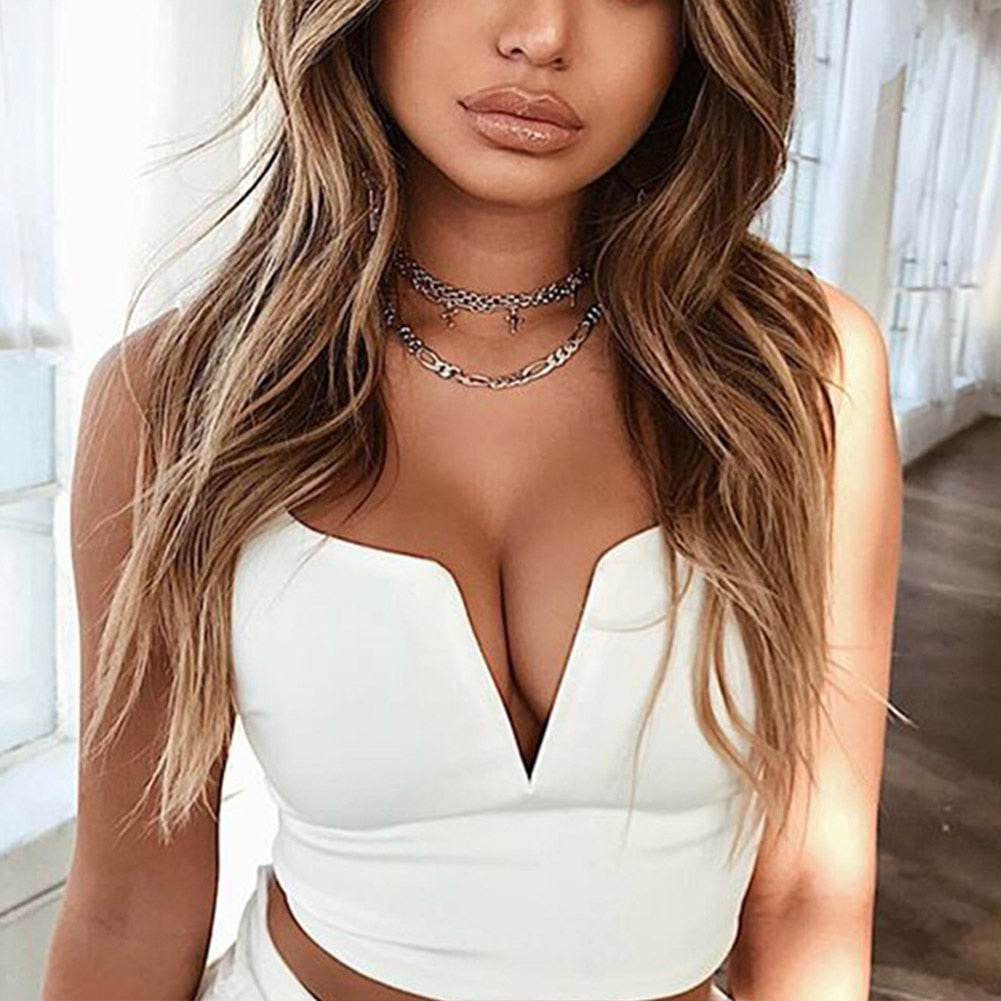 Sexy Women V-neck Solid Crop Tops Camis Summer Cropped Bra Slim Tank Tops Strap Vest QL Sale - Michelie