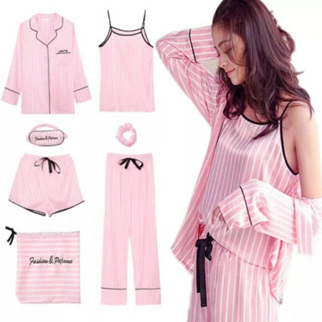 8 PCS Pajama Set 2019 Brand Pink Striped Pajamas Silk Satin Femme Pajama Set Stitch lingerie Robe pyjamas Women Sleepwear - Michelie