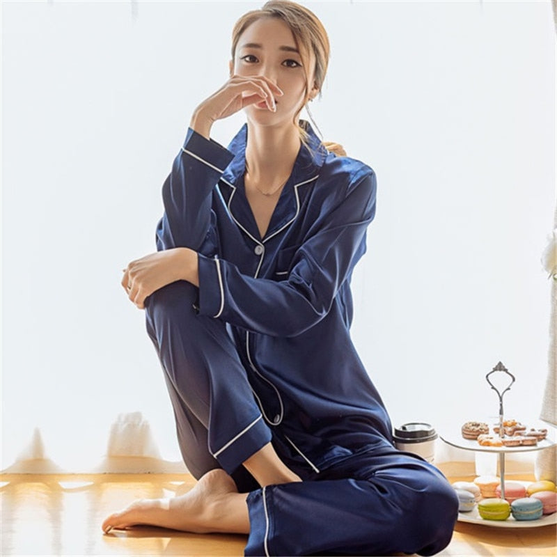 Womens Silk Satin Pajamas Pyjamas Set Long Sleeve Sleepwear Pijama Pajamas Suit Female Sleep Two Piece Set Loungewear Plus Size - Michelie