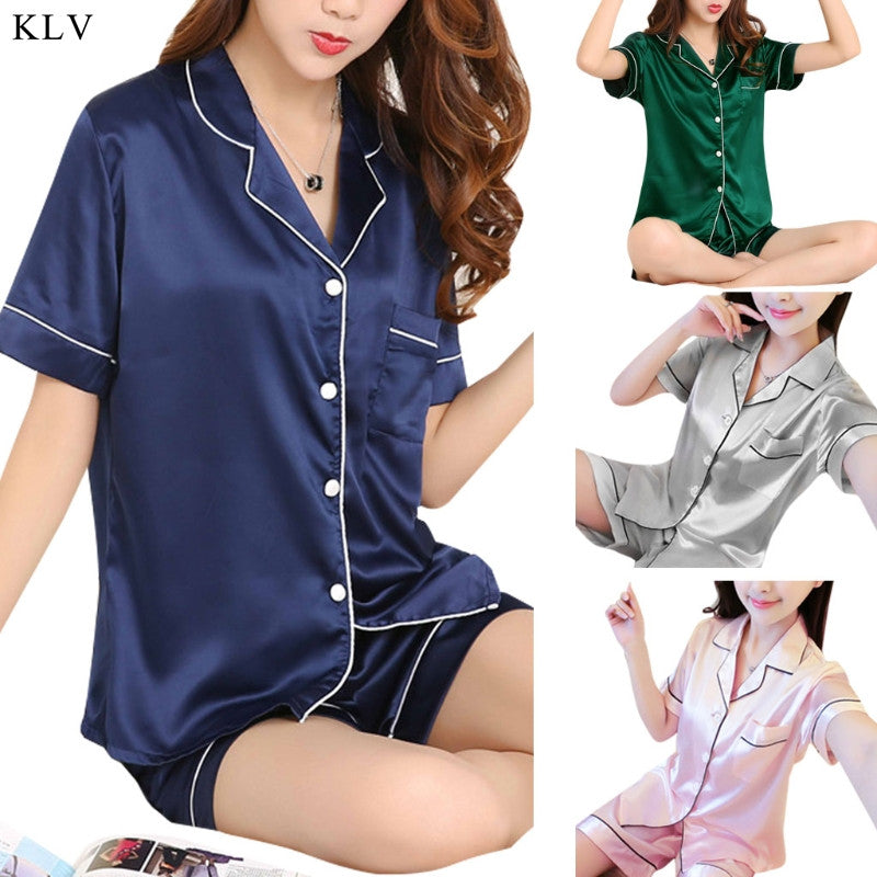 KLV New Women's Satin Pajamas Set Pocket Lapel Nightgown Set Short Sleeve Pyjama Set Nightwear Loungewear - Michelie