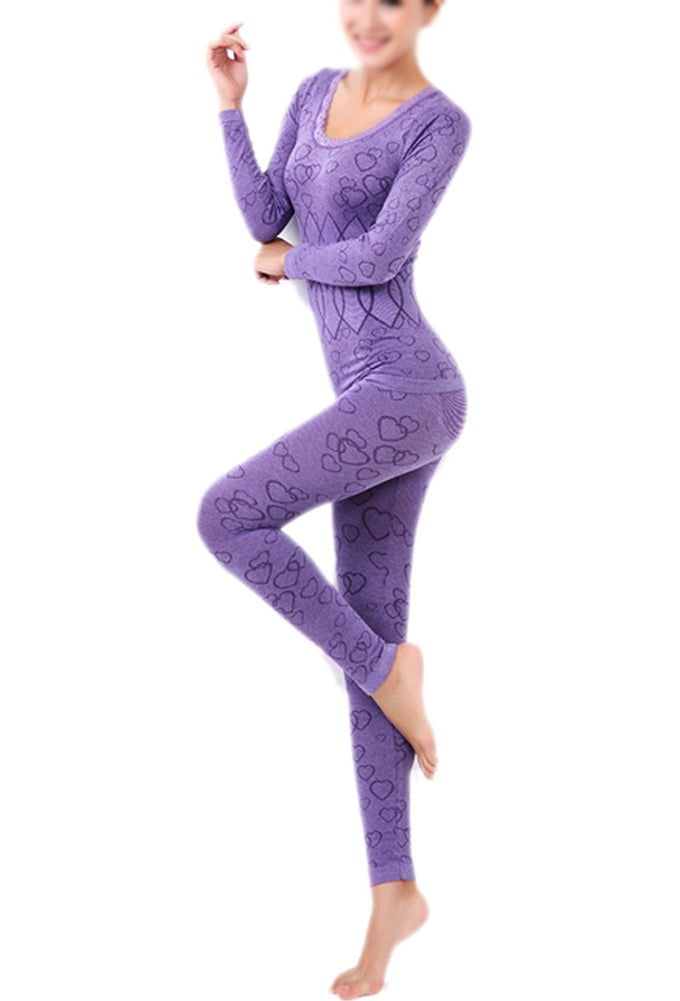 Women Round Neck Thermal Set Winter Tops&Pants Long Johns Pajama Sets Purple - Michelie