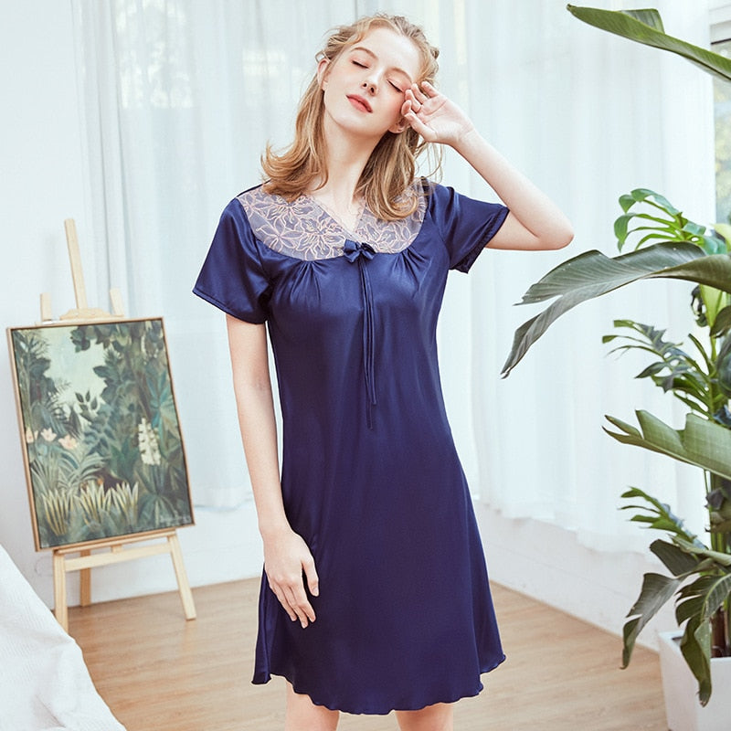 Navy Blue Silky Womans V-Neck Robe Pajamas Short Sleeve Sleep Sleepwear Bathrobe Home Wear Bath Gown Nightgown Sleepshirts - Michelie