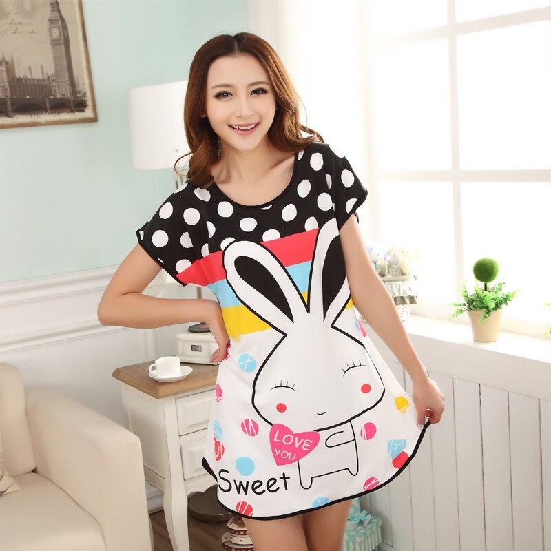 2019 Pajamas For Women Short Sleeve Sleep Dress Cartoon Pattern Printed Sleepshirt Cute Nightdress Girl Pyjamas Pijama Mujer - Michelie