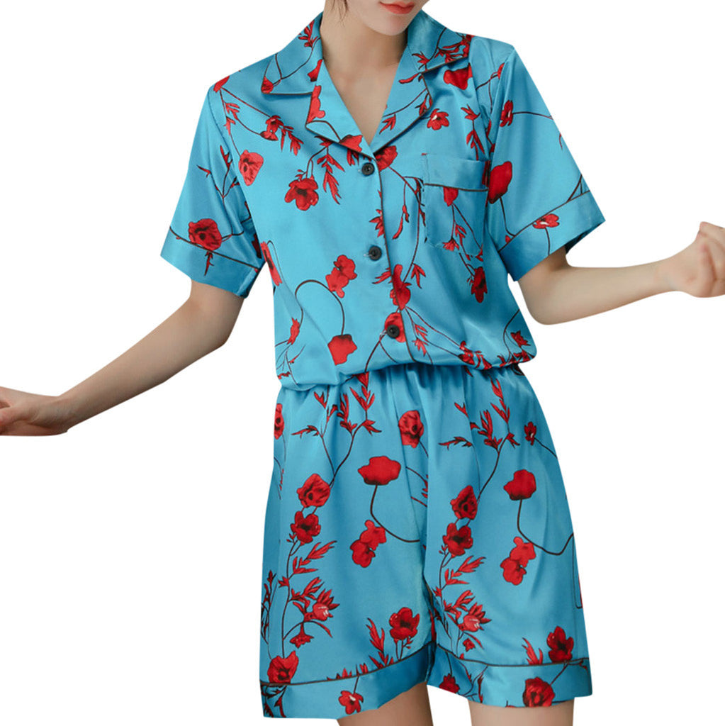 Printing Rose 2018 Summer Short Sleeve Silk Pajamas Set Two Pieces Set Women Sleepwear Sexy Nightwear for Women Sleeping set 5.3 - Michelie