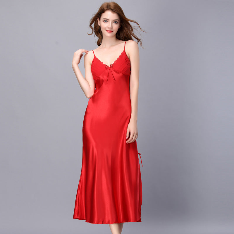 1947 Summer Slipt Sexy Nightwear Women Long Satin Nightgown Lace Patchwork Adjustable Strap Sexy Sleeping Dress Home Clothing - Michelie