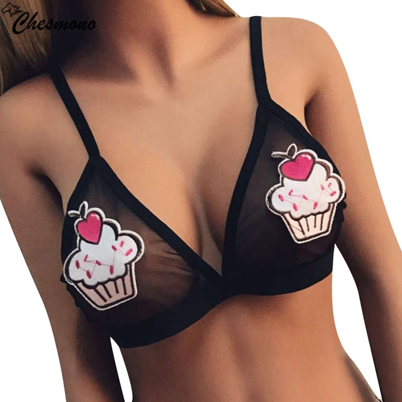 Funny Lovely Women Crop Tops Bandage patch in Embroidery mesh Bralette Bustier Top Sheer Triangle Unpadded Bra Cropped ice cream - Michelie