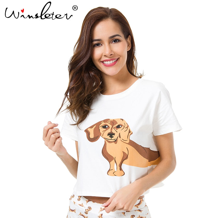 Cute Sleep Top Women White Pink Summer Dachshund Print Loose Top Short Sleeve Plus Size Cotton T shirt blusas femininas T6651 - Michelie