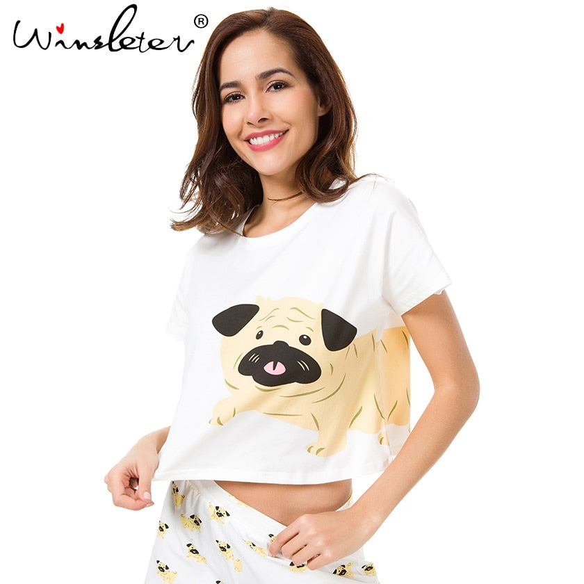 Cute Sleep Top T shirt Women Pug Print Crop Top Short Sleeve Loose S-XXL Cotton T shirt Pajamas Women Clothing pyjamas T6825 - Michelie