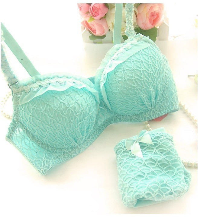 2018 New Sexy Women Bra Set Push Up Young Girl Fashion Lingerie Underwear Suit Cute Bowknot Bra A B Cup - Michelie