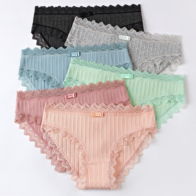 Women's Cotton Panties Female Striped Breathable Briefs Sexy Lace Edge Underwear Women Cotton Crotch Lingerie Intimates Hollow - Michelie