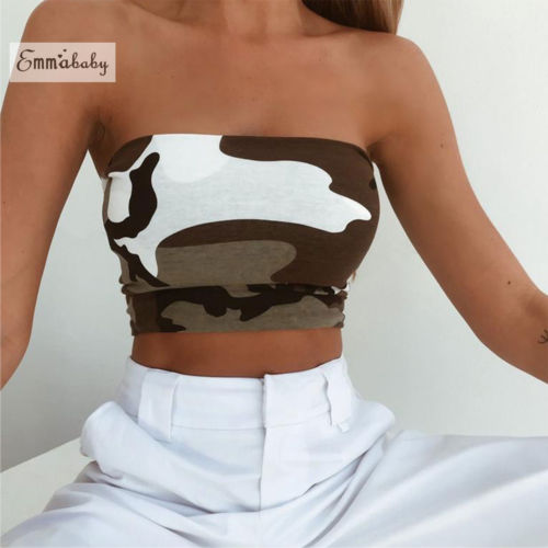 2018 Womens Sexy Boob Tube Top Camo Bandeau Ladies Summer Stretch Elastic Strapless Crop Top Camis Vest Unpadded Bra Tees Tanks - Michelie