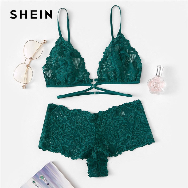 SHEIN Green Sexy Floral Lace Lingerie Set Women Summer Back Closure Wireless Bra and Briefs Solid Underwear Lingerie Sets - Michelie