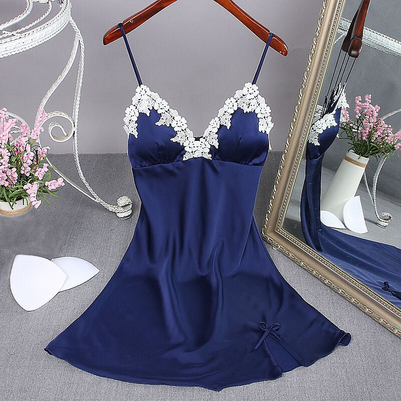 Lady Sexy Nightgown Summer Women's Lingerie Robe Bath Gown Faux Silk Sleepwear Nightdress Pajamas Homewear Chest Pad Nightwear - Michelie