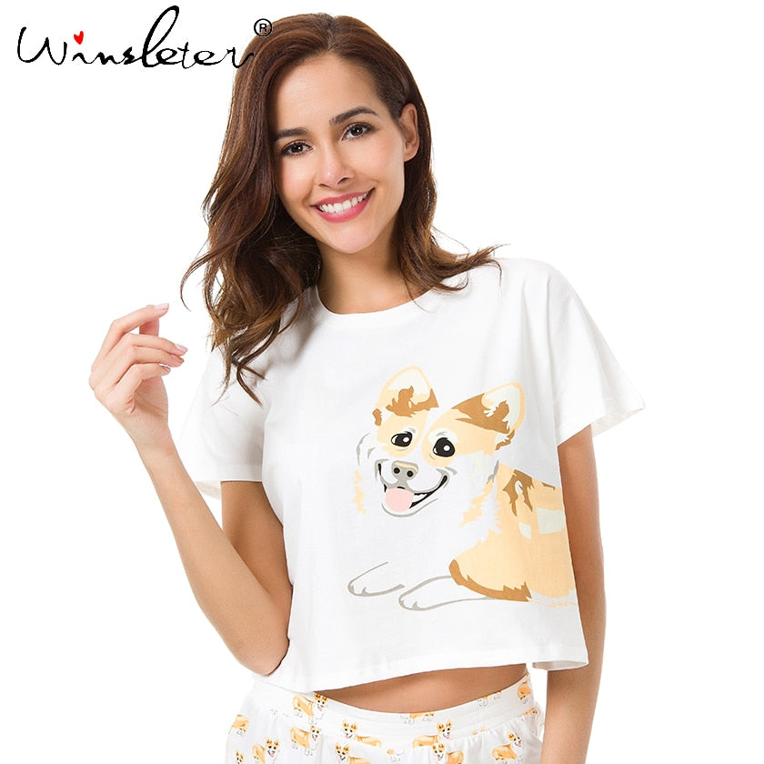 Summer 2019 Women Tops Corgi Print Sleep Top Cute Batwing Sleeve S-XXL Cotton T shirt Pajamas T61014 - Michelie