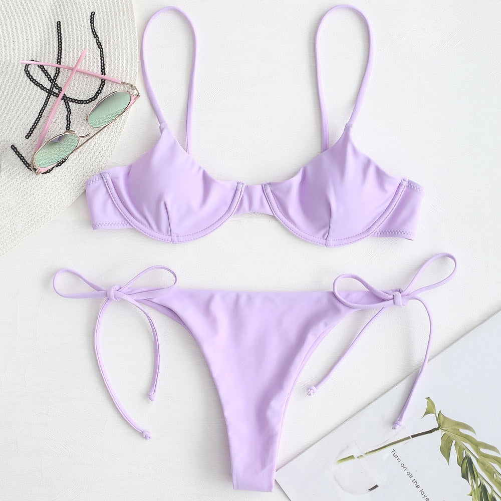 ZAFUL Spaghetti Straps Bikini Set Sexy Thong Bikini Tie Side Underwire Bikini Low Waist Swimwear Women Swimming Suit for women - Michelie