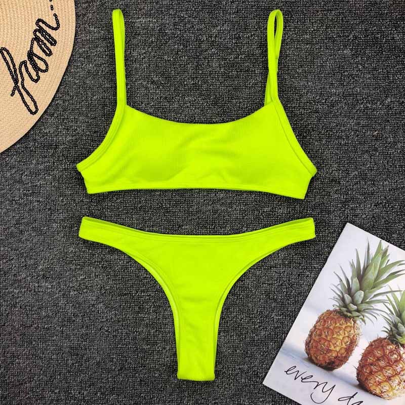 Women Swimwear 2019 Neon Yellow Micro Bikini Sexy Thong Swimsuit Female Low Waist Bikini set Bather Ribbed Bathing Suit - Michelie