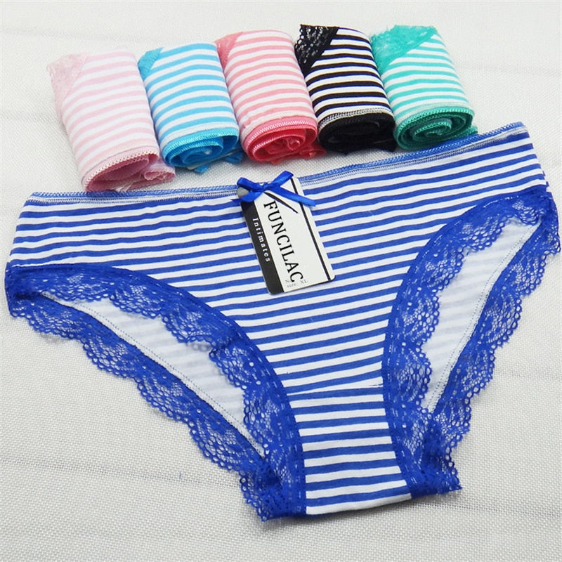 FUNCILAC 5 Pcs/set Women's Underwear Cotton Sexy Lace Panties Striped Briefs Everyday Lingerie Girls Ladies Knickers Size M L XL - Michelie