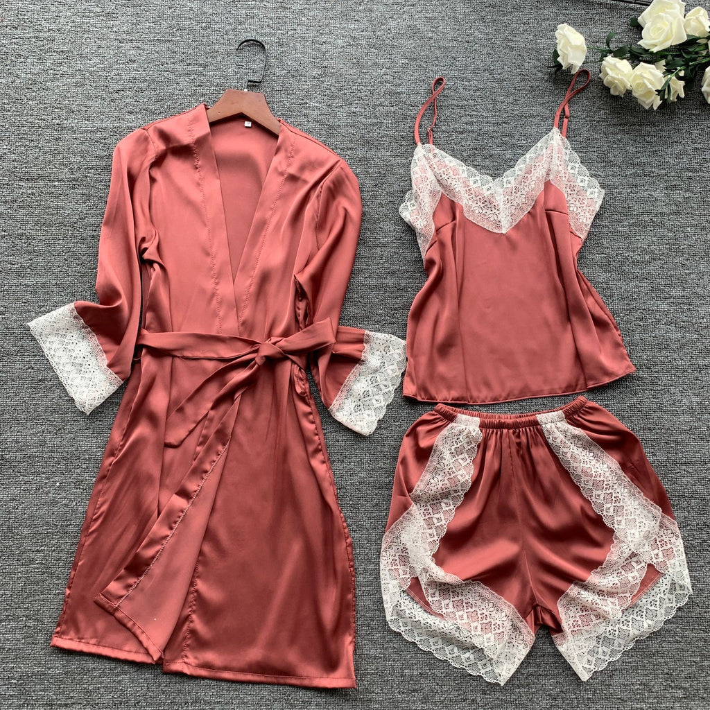 Summer Women Robe Set Silk Rayon Bath Robes Dress Kimono Gowns Sexy Lace Sleepwear 3PCS Sleep Suit Home Clothing M-XXL S0110 - Michelie