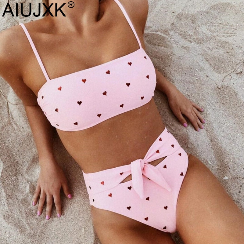 AIUJXK New Fashion Heart Print Bandage Biquini Women Sexy Underwear Bra Set Ladies High Waist Lingerie Pink 2 Piece Swimsuit - Michelie