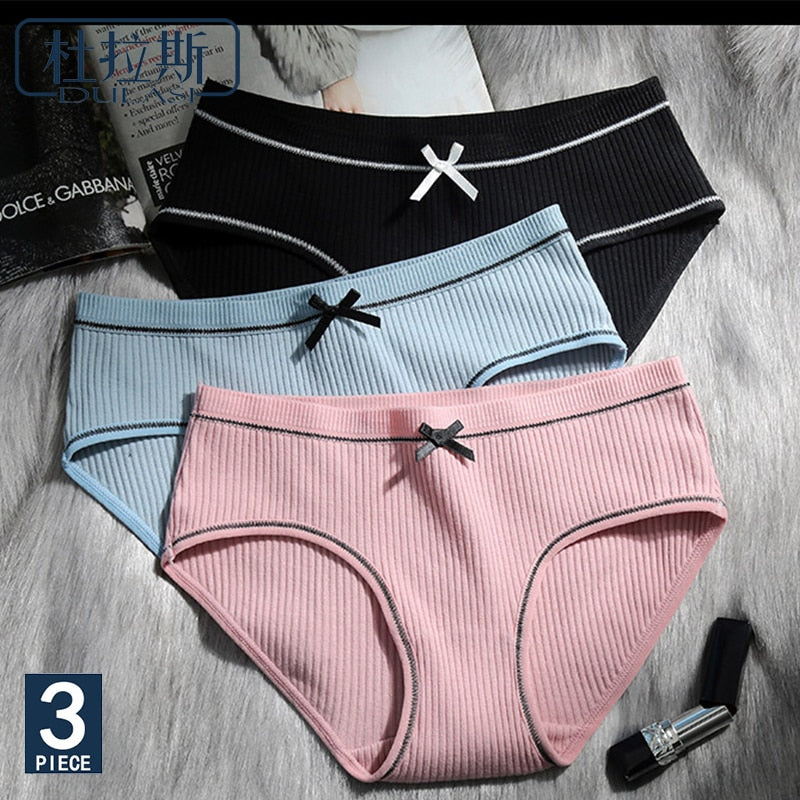 3pcs/lot  DULASI Cotton Bow Panties Women Underwear Striped Briefs Breathable for Girls Panty Lady Mid-Waist Seamless Underpants - Michelie